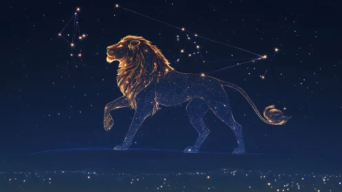 Leo zodiac constellation shaped as glowing lion figure.