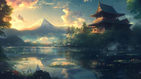 Tranquil lakeside temple welcomes sunrise by snow peak