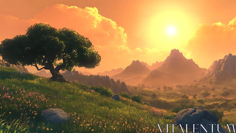 Sunlit valley landscape with lone tree on grassy hillside.