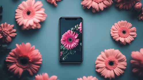 Pink Gerberas Frame a Smartphone's Floral Display.