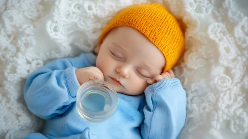 Infant sleeps on textured blanket holding small clear glass cup