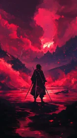 Lone dusk ronin beneath a storm of crimson fireclouds.
