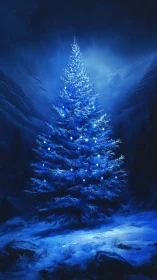 Enchanted blue Christmas tree glows softly in a snowy forest