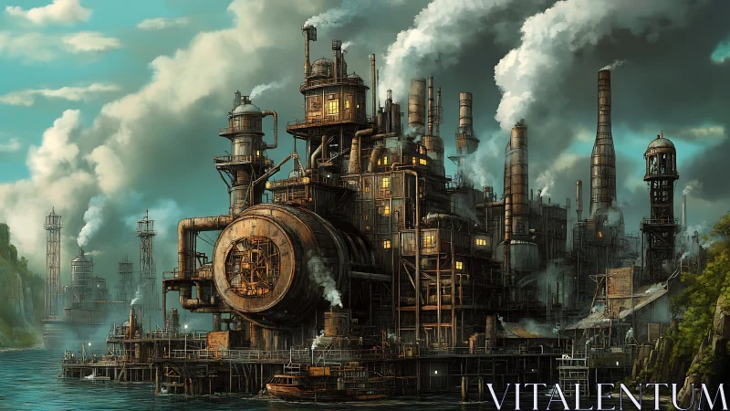 Steampunk coastal refinery with towering smokestacks at dusk.