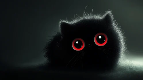 Midnight puffball kitten studies the world with ruby eyes