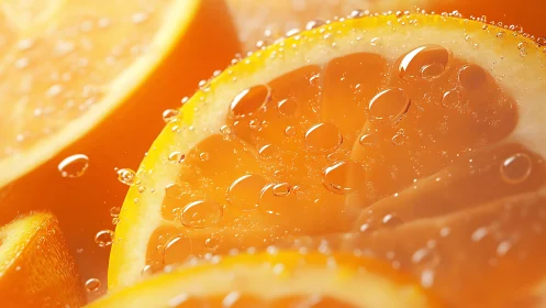 Sunlit orange slices sparkling with fresh citrus bubbles.