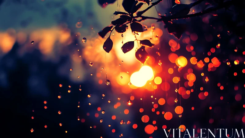 Backlit raindrops in warm bokeh over twilight foliage.