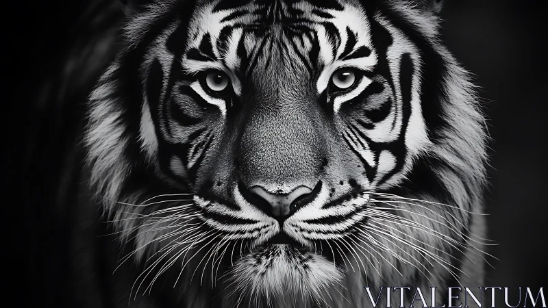 Tiger face close-up fills monochrome frame in sharp focus