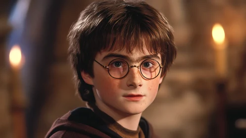 Young bespectacled wizard in candlelit stone chamber portrait.