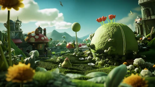 Whimsical 3D landscape with mushroom houses and flora.