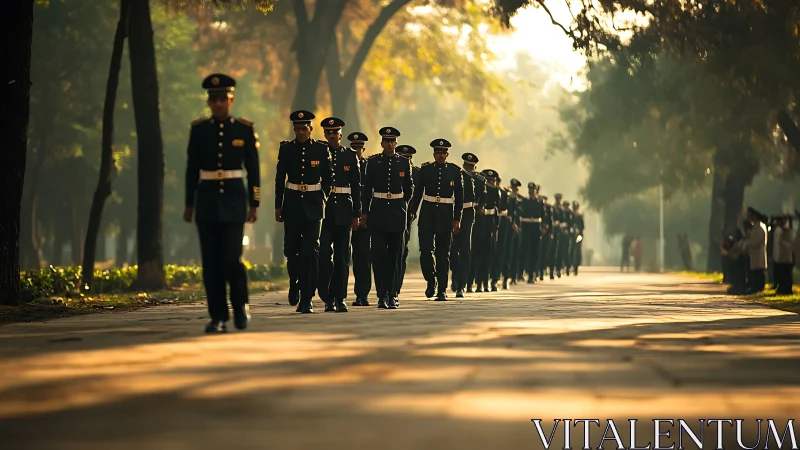 Military honor guard advances in formation under warm backlight