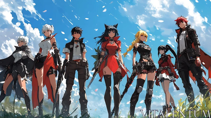 Anime combat squad aligned under dynamic cloud-swept sky