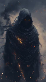 Hooded ember wraith strides through ashen stormscape.