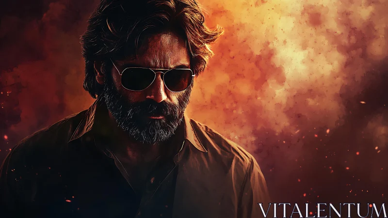 Shadowed drifter walks through embers like a fading legend