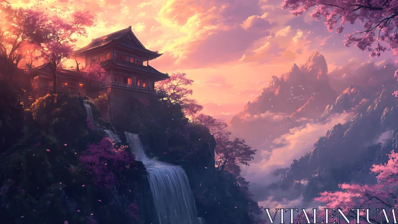 Mountain temple above cascading waterfall under ethereal sunset