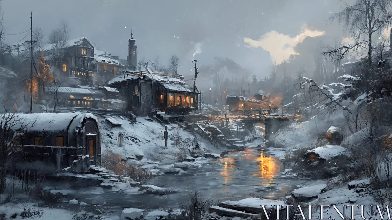 Soft lantern lights glow warmly through a quiet winter village