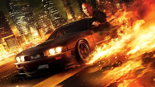 High-speed muscle car drifts through urban firestorm at night