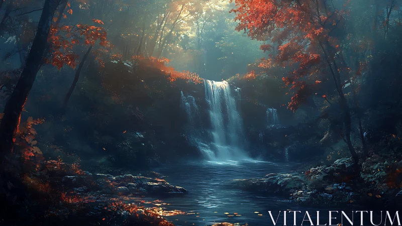 Autumn Waterfall in Enchanted Forest Light.