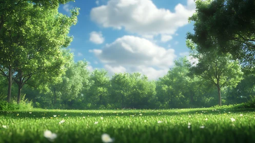 Sunlit meadow opens between bright green forest trees