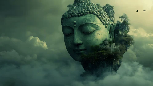 Surreal Buddha monolith with temple citadel in mist-laden clouds.