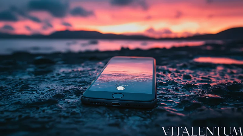 Smartphone on rocky shore displays sunset landscape