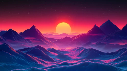Neon dusk sun ignites cosmic mountains and candy mist.