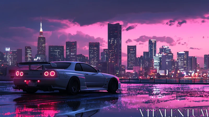 Neon sports car overlooks cyberpunk skyline at dusk.