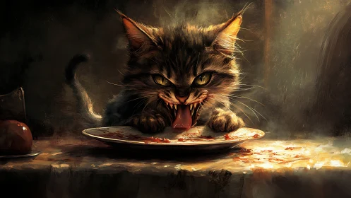 Ferocious tabby cat snarling over bloodstained dinner plate