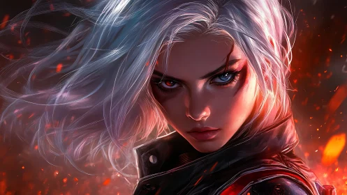 White haired warrior with heterochromia amid embers.