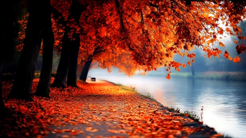 Riverside path lined with vivid orange autumn foliage.