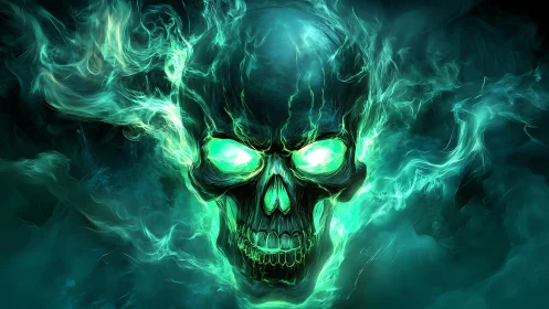 Luminous necrotic skull rendered in teal spectral plasma field