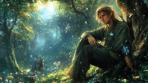Forest-bent elf listens while butterflies script glowing myths