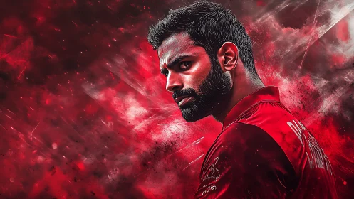 Intense cricketer portrait within explosive red energy field.