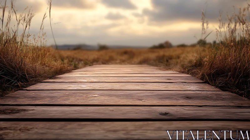 Sunlit wooden path wandering through quiet autumn fields.