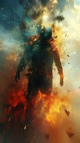 Silhouette Exploding in Ethereal Fire and Debris.