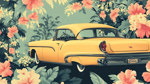 Vintage yellow car glows amid lush tropical flower bloom