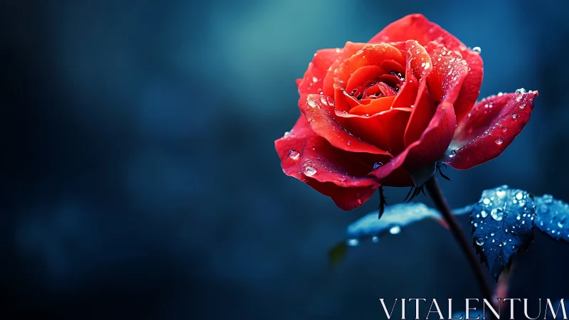 Red Rose with Dew Drops Against Blue Background.