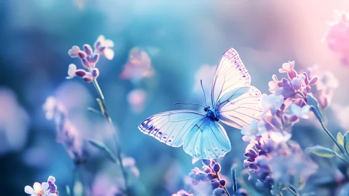 Blue butterfly on pastel wildflowers in soft focus field.