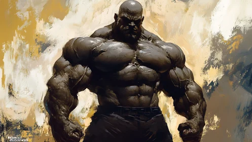 Hypermuscular male figure in painterly digital rendering.