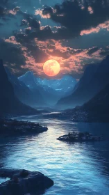 Luminous full moon over icy river through twilight peaks.