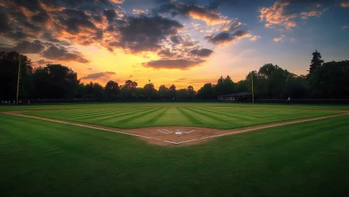Sunlit baseball diamond glows quietly beneath a vivid sunset