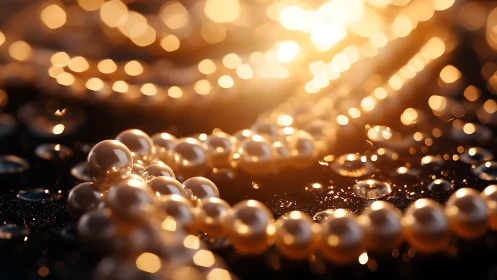 Golden light glows across pearl strands on wet black velvet