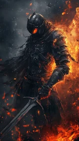 Armored figure with flaming sword in dark infernal setting.