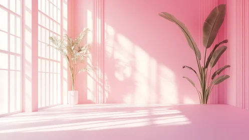 Minimalist pink interior with tropical plants and soft daylight.