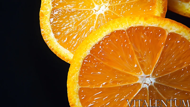 Vibrant orange slices glow against a deep black backdrop.