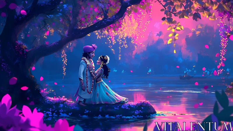 Luminous Meeting: Two Hearts Beneath Neon Blossom.