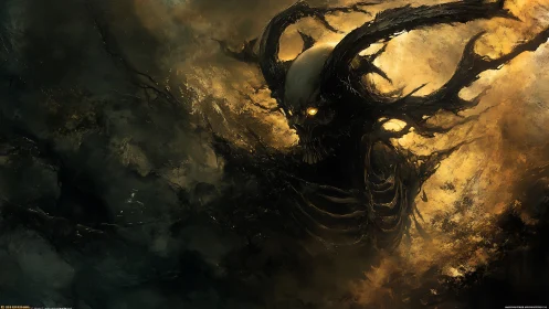 Demonic skeletal wraith emerges from swirling inferno clouds.