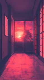 Interior corridor with sunset backlighting through glass doors