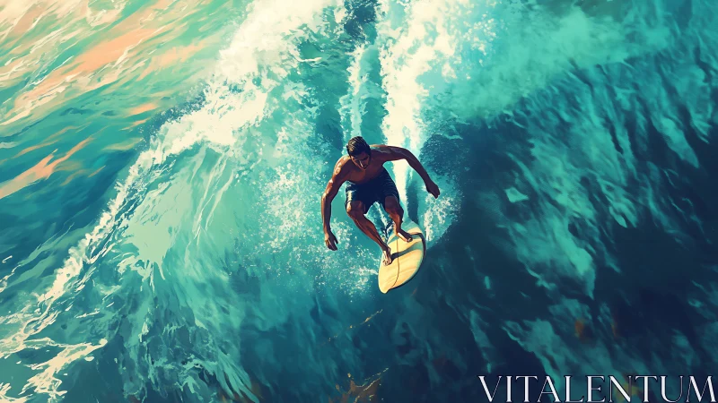 Sunlit lone surfer carves turquoise thunder into ribbons.