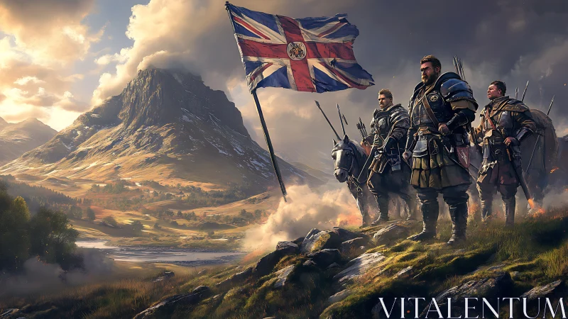Concept art of armored banner-bearers on windswept highland ridge.